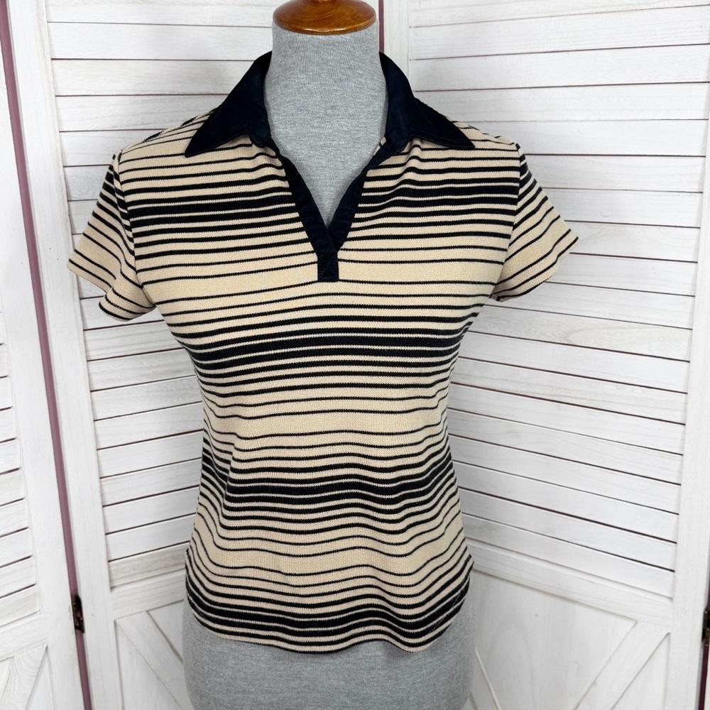 Y2K New York‎ & Company Striped Crop Short Sleeve Polo Shirt Tan Black Small
